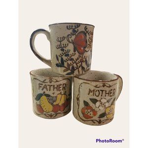 Vtg 1970’s Set of 3, Mother, Father, Butterfly, Fruit, Coffee Tea Hot Drink Mug